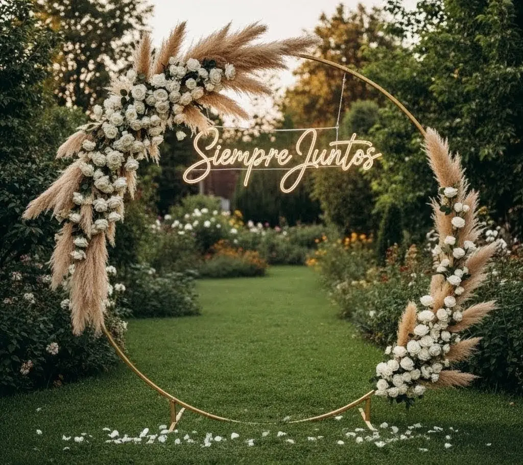 Arco floral con neón "Siempre juntos"