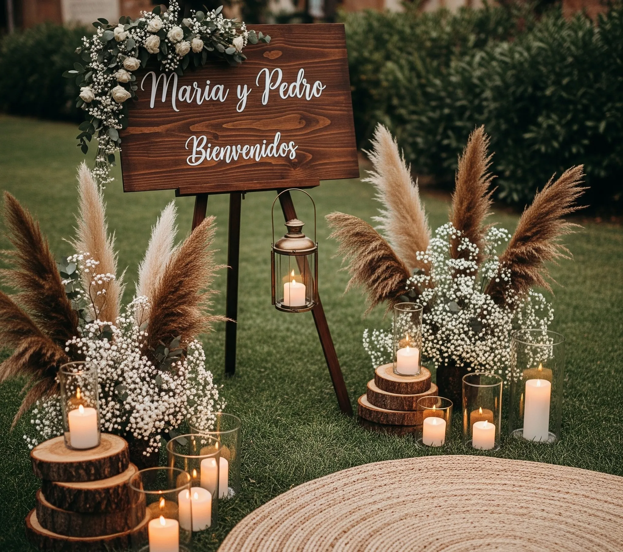 Cartel de bienvenida personalizado con pampas y velas