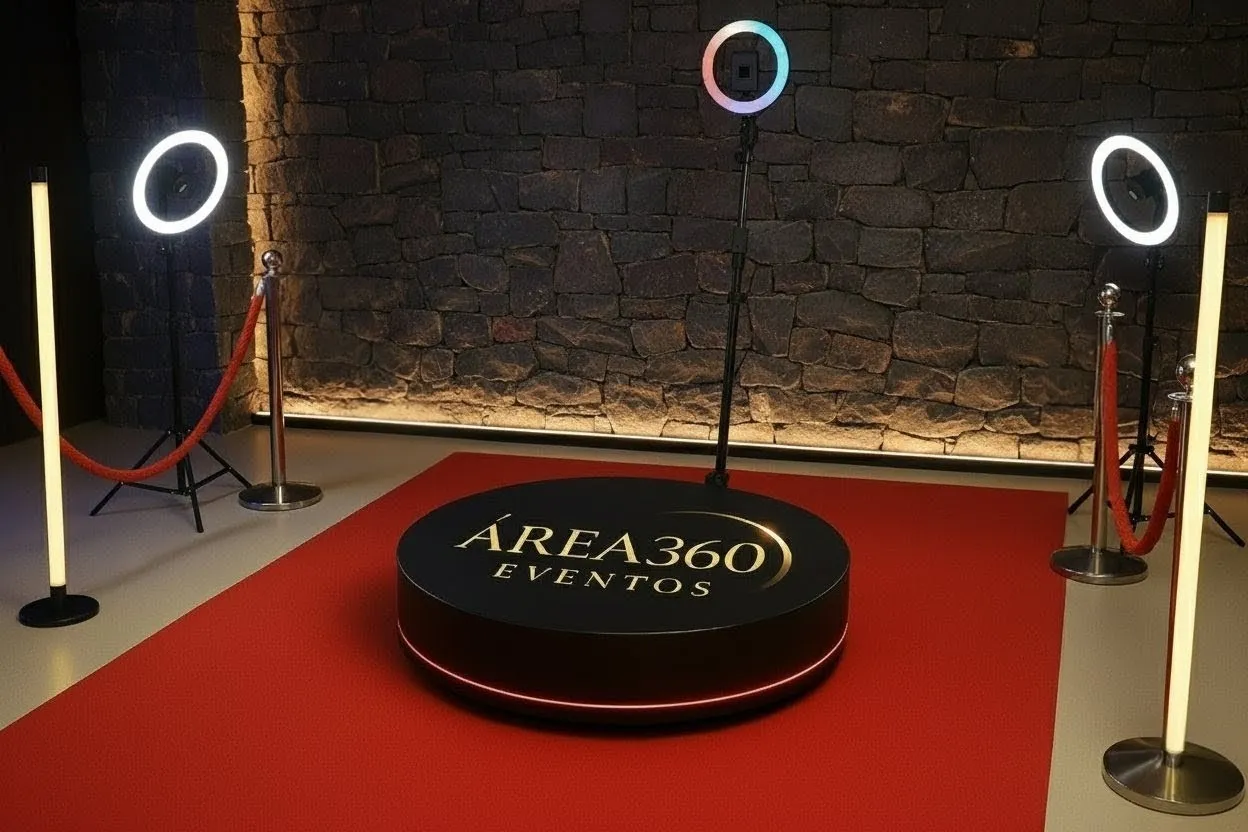 Plataforma 360 de Área 360 Eventos sobre alfombra roja con aros de luz