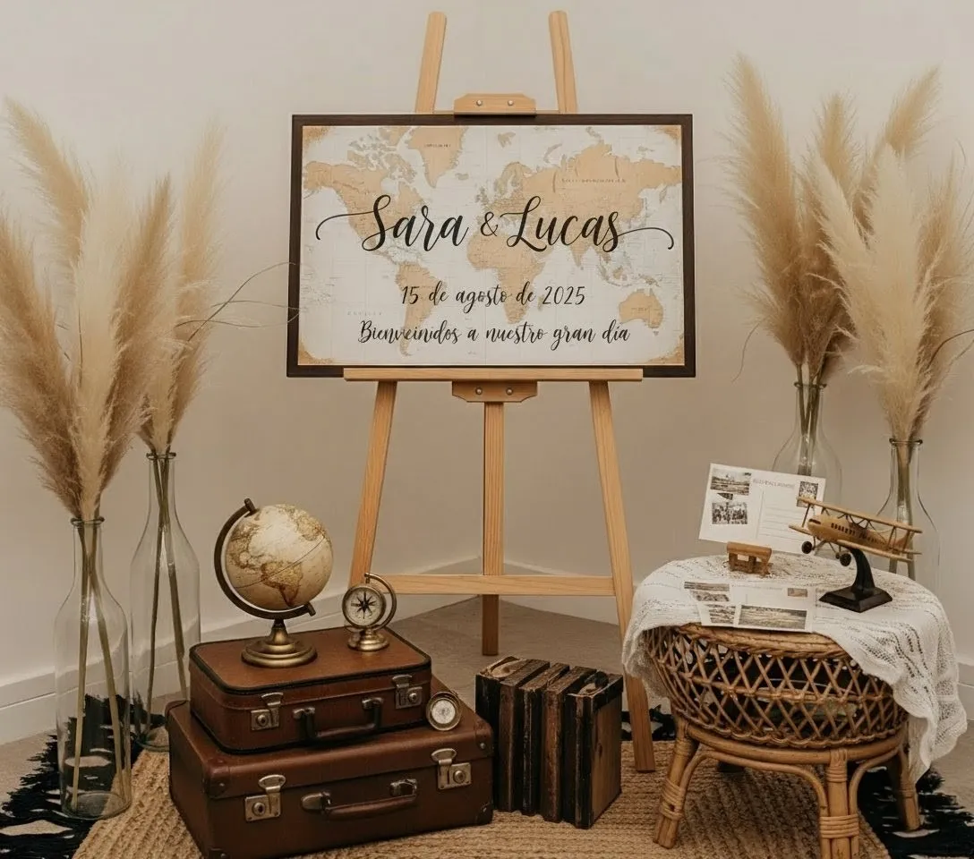 Set de bienvenida con cartel "Sara y Lucas", maletas antiguas y pampas